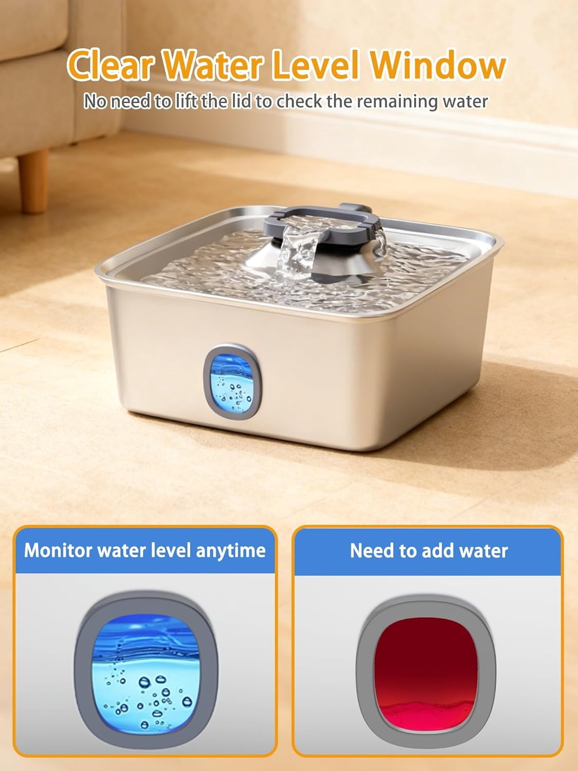 4Gal/15L Large Dog Water Fountain, Stainless Steel Pet Fountain with Water Window & LED Light, Ultra Quiet Automatic Dog Water Bowl Dispenser for Large Dogs & Multi-pet, Easy to Clean FS76