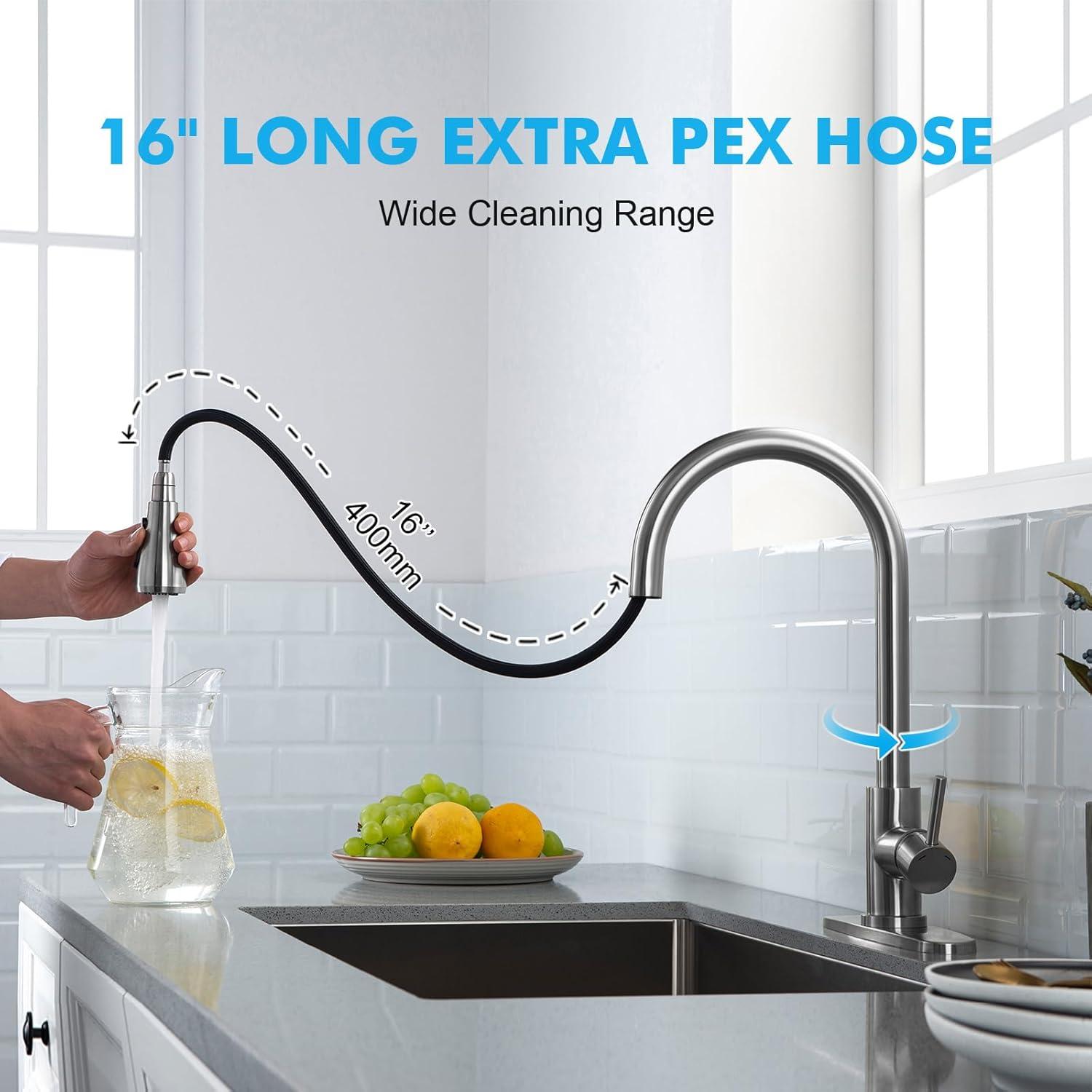 Kitchen Faucets with Pull Down Sprayer (3 Modes), Brushed Nickel Kitchen Faucet Single Hole, Single Handle Kitchen Sink Faucet, High Arc 304 SUS Stainless Steel Faucet for Kitchen, Bar, RV