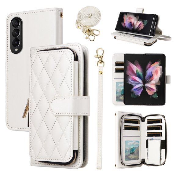 Furiet Wallet Case for Samsung Galaxy Z Fold 4 5G 2022 with Wrist Strap Crossbody Shoulder Strap, 9  Card Slots Zipper Purse, Luxury PU Leather Stand Phone Cover for ZFold4 Z4 Fold4 4Z ZFold45G White