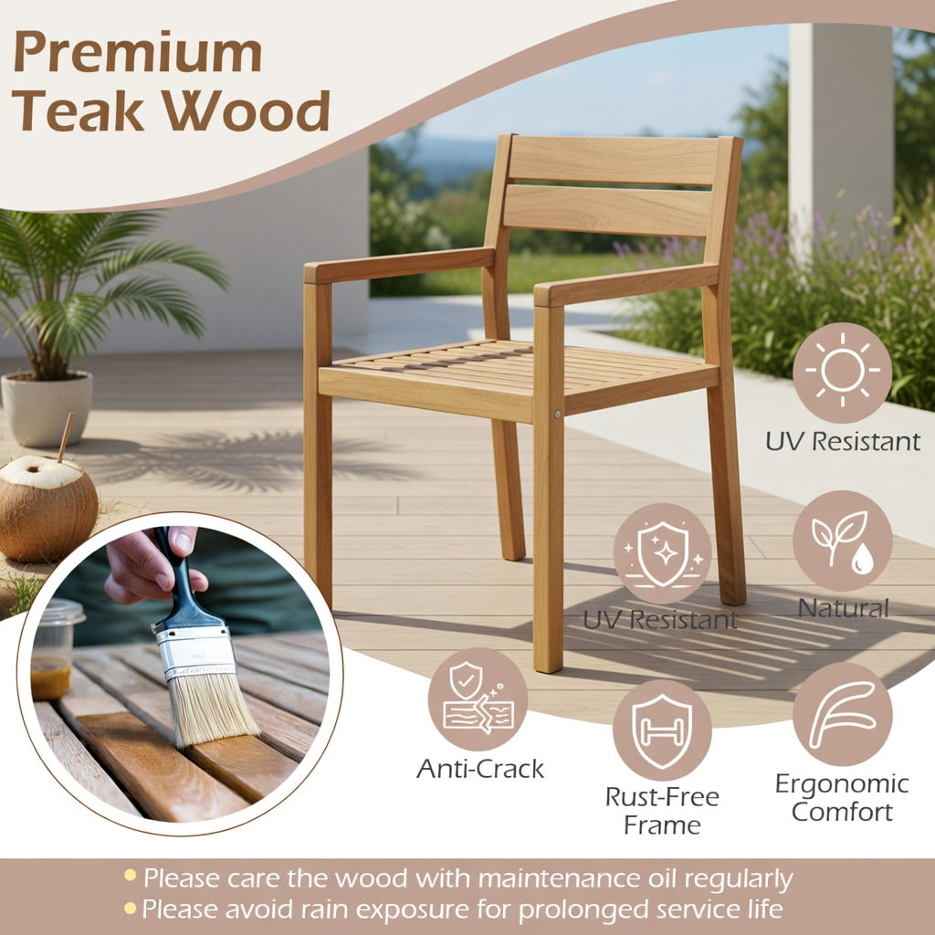 Hommoo Premium Teak Wood Outdoor Dining Armchair for Patio, Backyard, Poolside, with Ergonomic Armrests & Inclined Backrest, Natural