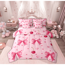 Manfei Girls Pink Ribbon Twin Bedding Sets 7-Piece, Cartoon Bowknot Bow-tie Bedding Comforter Set, Princess Cherry Love Heart Reversible Sheet Sets, Microfiber Bedroom Decor