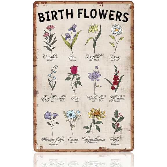 Vintage Metal Garden Sign, Birth Month Flower Tin Wall Art for Home, Greenhouse, Yard or Cottage Decor, 8 x 12 Inch