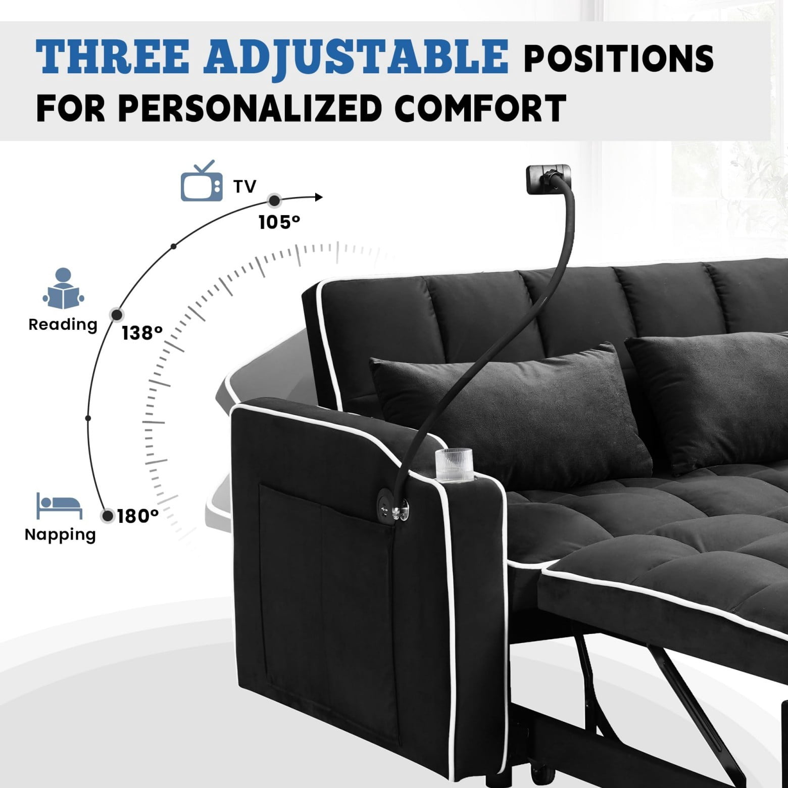55" 3 in 1 Convertible Sofa Bed with Phone Holder, Loveseat Couch with Pull Out Bed, Space-Saving Apartment Sofa, Black