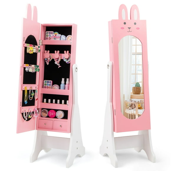 Topbuy Kids Jewelry Armoire Cabinet Free-Standing Full Length Mirror with Storage and 2 Tilt Angles Pink