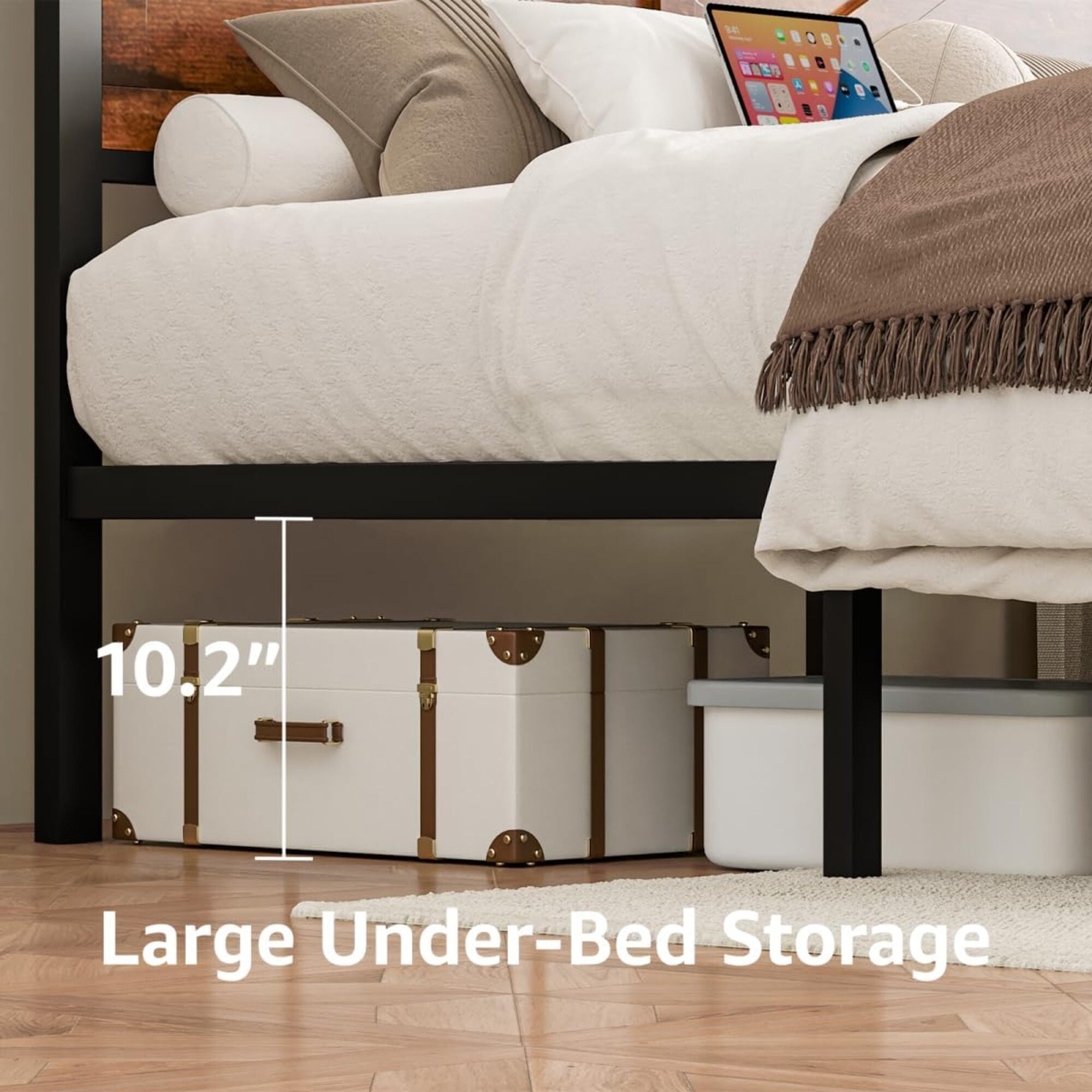 Queen Size Bed Frame with Storage Drawers & Barn Door Headboard, Industrial Farmhouse Platform Bed with LED Lights & Charging Station, No Box Spring Needed (Brown)