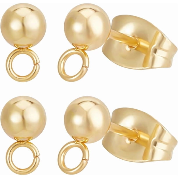1 caja con 100 piezas de accesorios para aretes con forma de bola, de acero inoxidable chapado en oro de 18 quilates, con aro y 100 piezas de tuercas de metal.