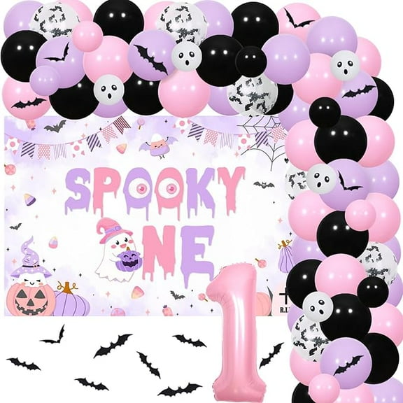 Halloween 1st Birthday Party Decorations for Girl Spooky One Balloon Garland Arch Kit with Backdrop Pink Purple Black for Halloween First Birthday Party Supplies