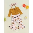 thumbnail image 3 of Infant Baby Girls Halloween Outfits Long Sleeve Bow Cami Romper Pumpkin Flare Pants Set Hairband Cute Fall Clothes, 3 of 8