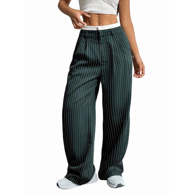 Pantalones Anchos y Holgados para Mujer, Estilo Palazzo Harén, Informales, A Rayas, con Cintura Elástica y Bolsillos Verde Oscuro L