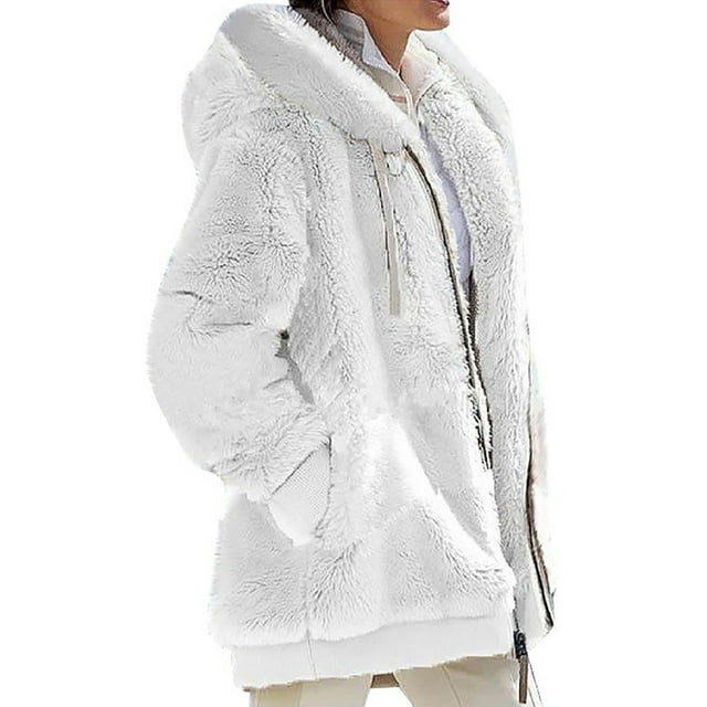 MAWCLOS Ladies Thickened Solid Color Hooded Cardigan Winter With Pockets Sherpa Coat White 4XL