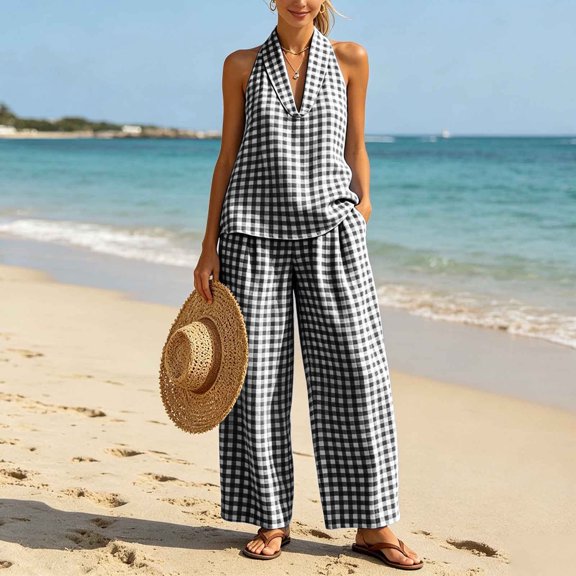 Linen Plaid Two-Piece Outfit Women’s V-Neck Top Wide-Leg Pants Casual Summer Vacation Set
