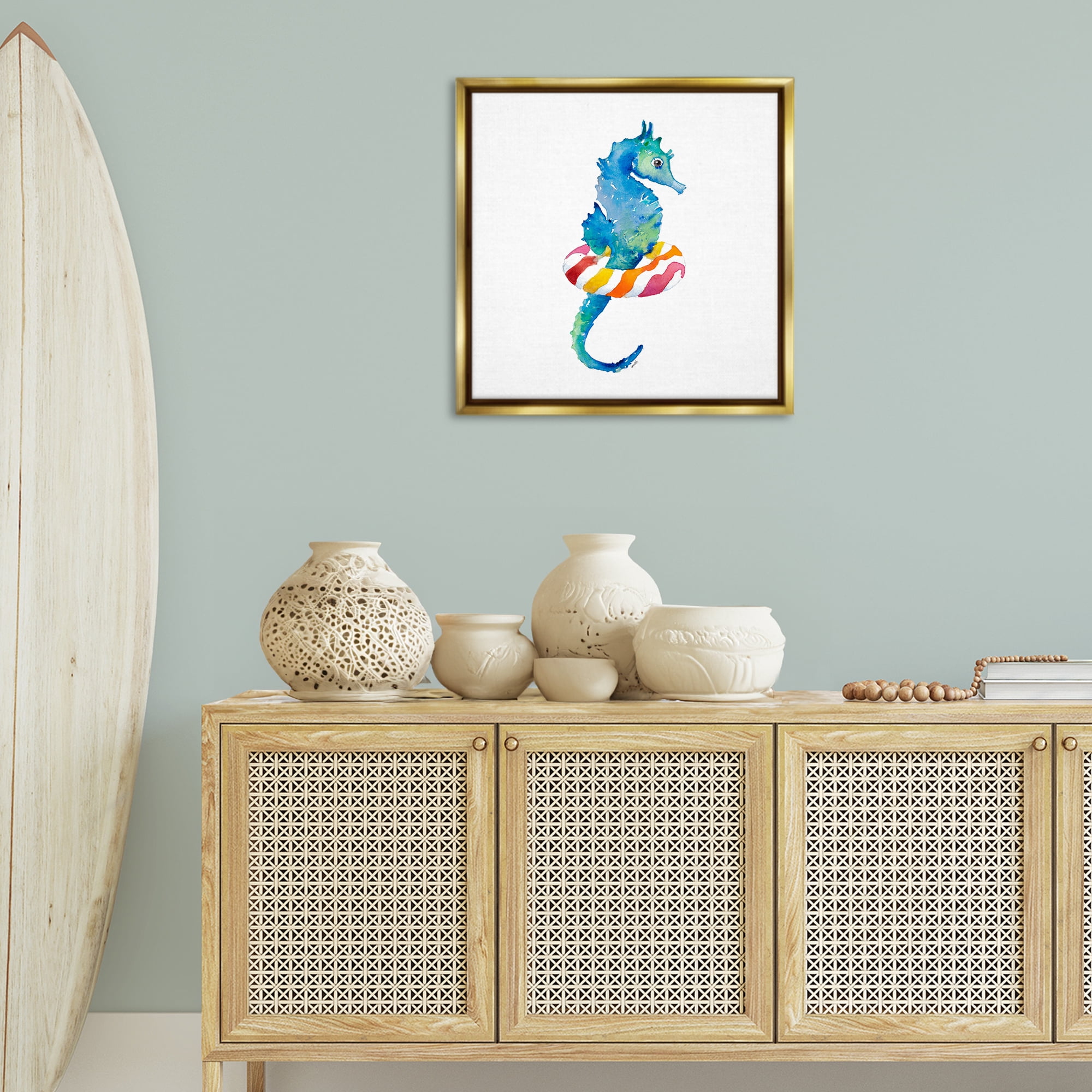 Stupell Industries Summer Float Seahorse Novelty Painting Gold Floater Framed Canvas Art Print Wall Art, 25 x 25