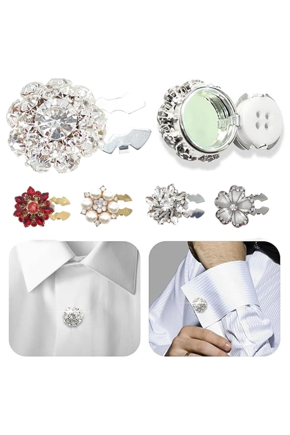 1/6Pcs Button Covers Faux Pearls Shiny Rhinestone Flower Shape Button Clip with Pliers Press Dress Suit Tux Accessories