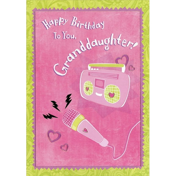 Designer Greetings Music Player and Microphone on Pink Juvenile Birthday Card for Granddaughter