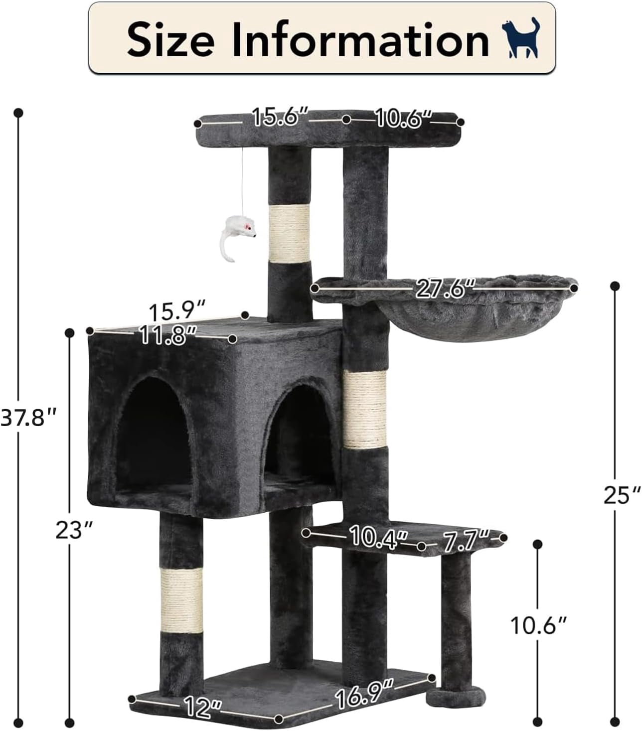 BestPet Cat Tree 37" Tall Cat Tower Kitten with Scratching Posts and Perches Indoor Activity Center for Cats (Light Gray)