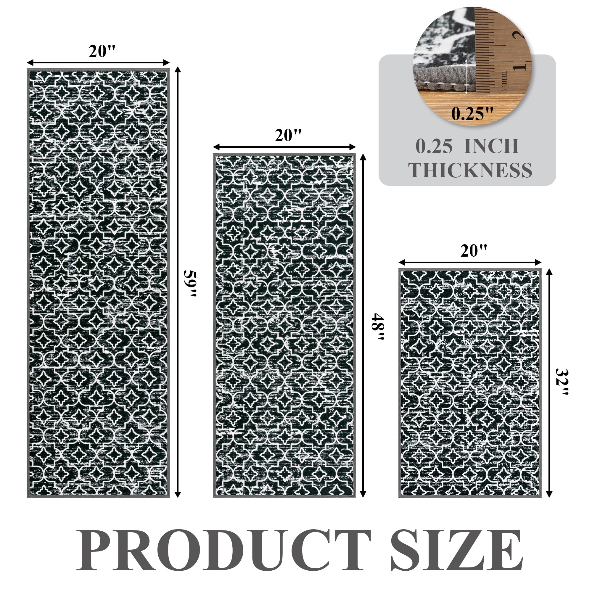 MeyJey Black Kitchen Rug Set 3 Piece, Non Slip Machine Washable Mats for Home Floor and Living Room