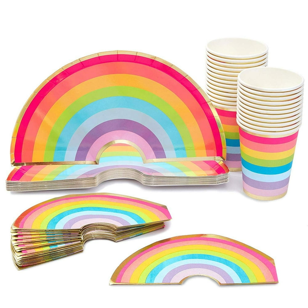 Serves 24 Rainbow Party Supplies, 72PCS Plates Napkins Cups, Favors