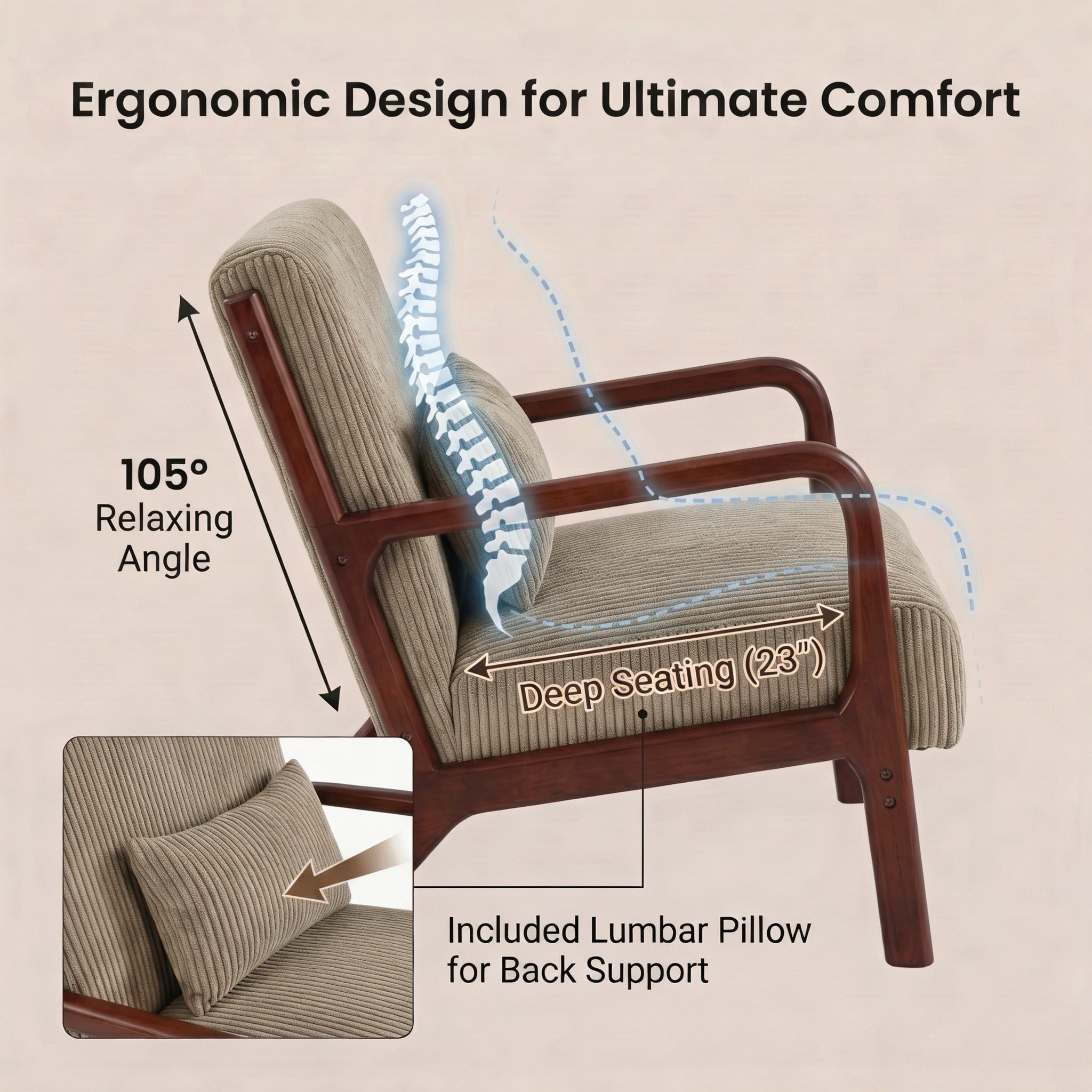 Mid-Century Modern Corduroy Accent Chair with Solid Wood Frame & Lumbar Pillow, Camel