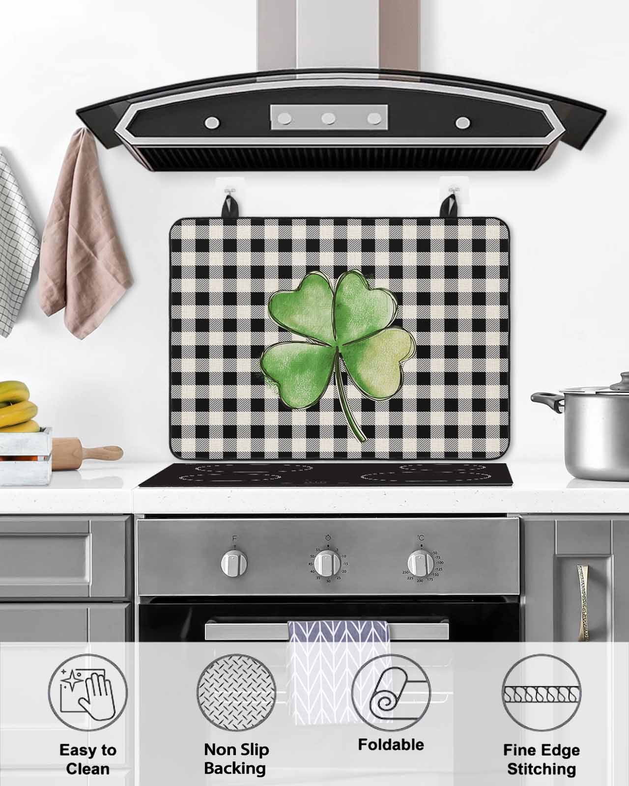 Large Induction Cooktop Protector Mat St. Patrick's Day Stove Top Covers for Electric Stove, Shamrock Leaves Black White Plaid Retro Decorative Stove Burner Cover Mats, Glass Top Stove Cover