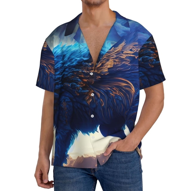 Balery Moonlit Blue Wolf Camisa Casual de Manga Corta con Botones para Hombre, Texturizada, Estilo Cubano, para Playa, Verano-Medium