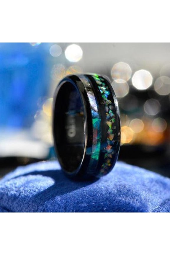 Abalone Shell And Fire Opal Engagement Men's Tungsten Carbide Ring, Size 7