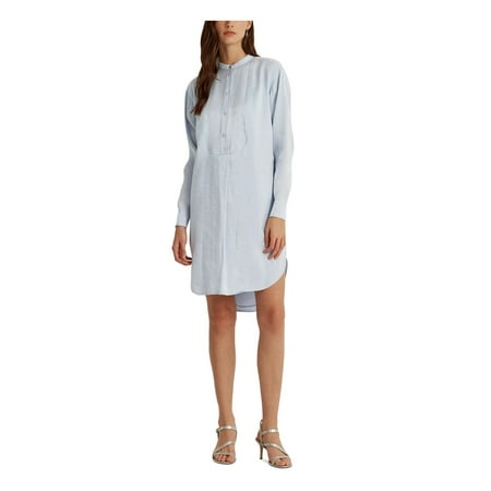 RALPH LAUREN Womens Blue Pleated 5 Button Placket Curved Hem Cuffed Sleeve Round Neck Above The Knee Shirt Dress 16