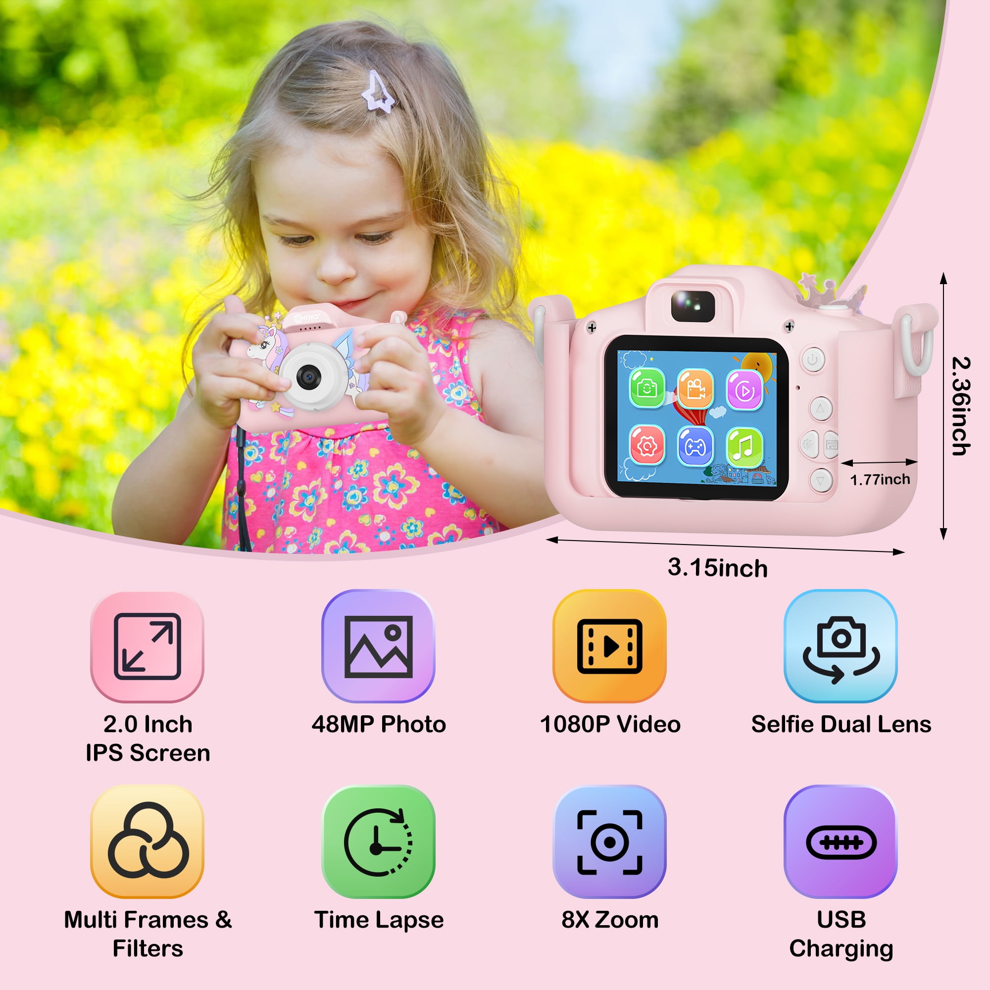 Contixo Kids Camera, Educational Dual Lens Camera with Carry Case and 32 GB SD Card, Pink
