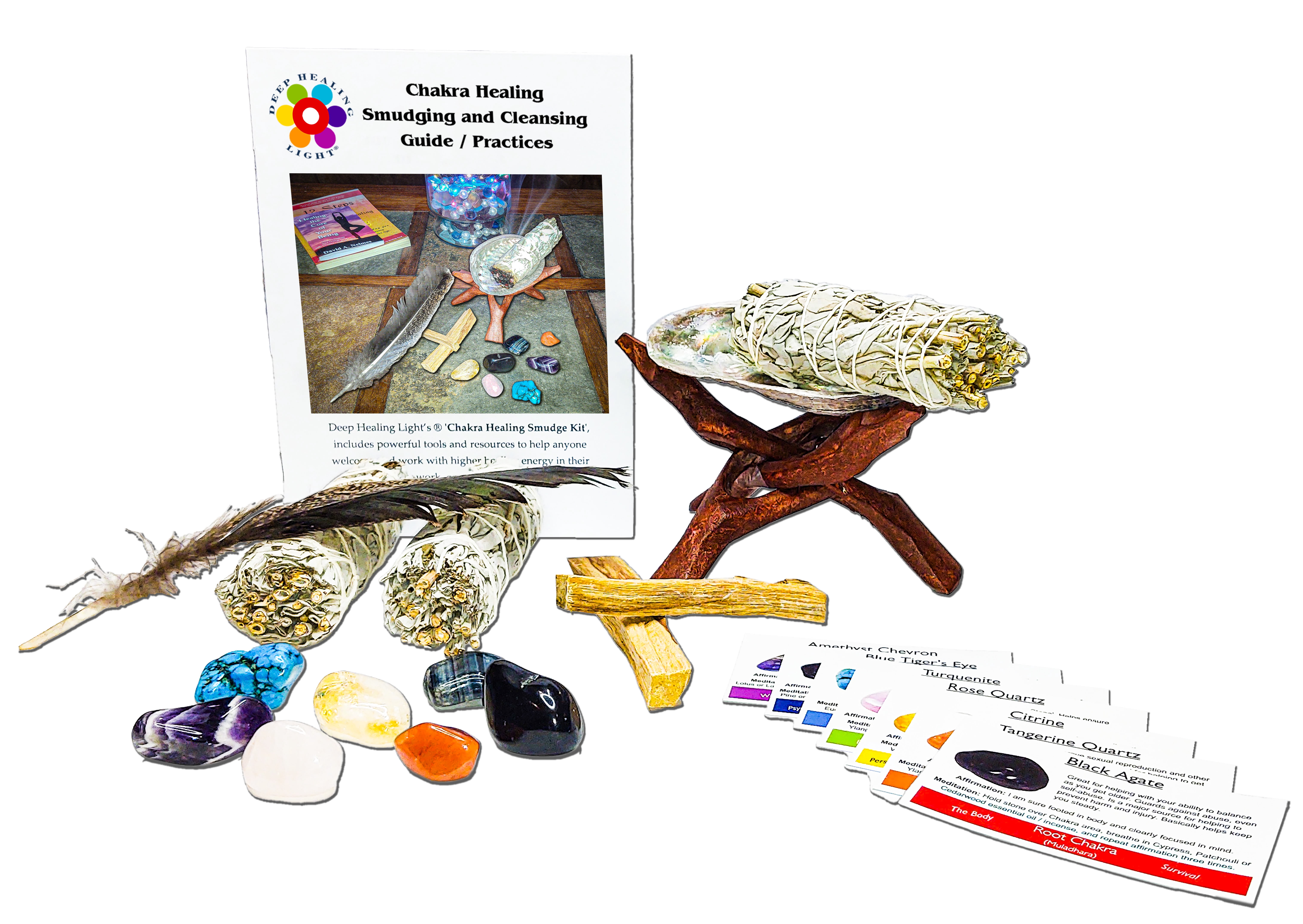 Chakra Healing Smudging and Cleansing Kit (23 Pc) with White Sage, Palo Santo Incense Sticks,  Chakra Stones and Instructions