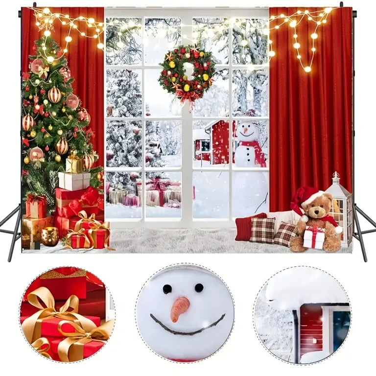 Winter Snow Scene Christmas Photography Backdrop - 12x8 Ft, Snowman & Trees Design, Polyester (Background Only)