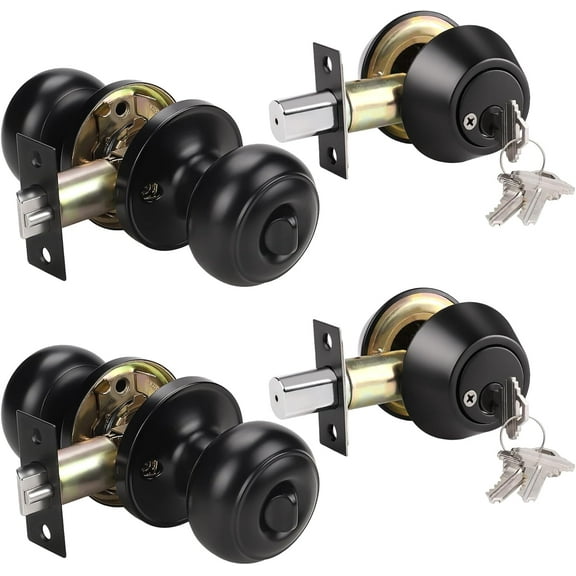 2 Pack All Keyed Same Entry Door Knob and Double Cylinder Deadbolt Combo Set, Black Exterior Door Knobs with Lock and Key for Entrance and Front Door, Keyed Alike Deadbolt and Door Knob Set