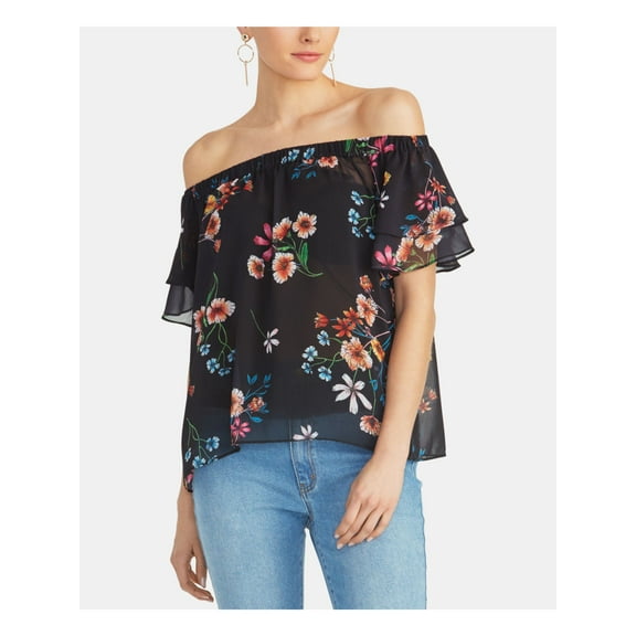 RACHEL ROY $89 Womens New Black Floral Off Shoulder Short Sleeve Top L B B