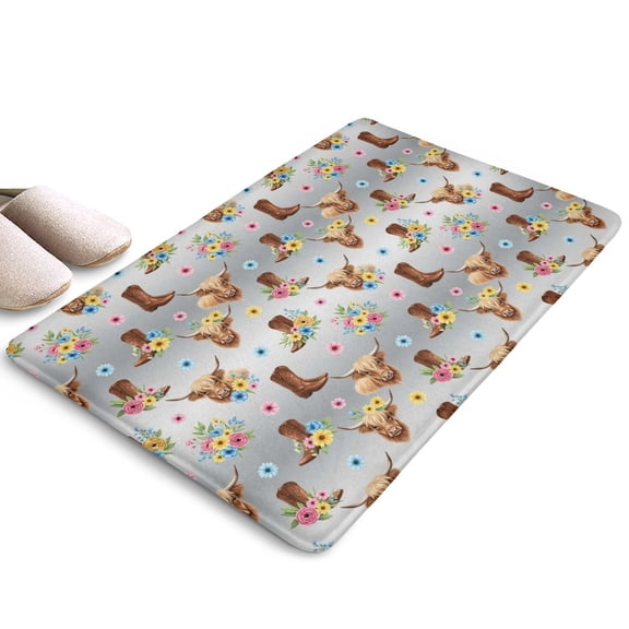 Gray Highland Cow Flower Boot Flannel Non Slip Door Rugs,Washable Door Mats Indoor,Decorative Door Mats,Dirt-Resistant and Absorbent Doormat for Entrance,Bedroom,Kitchen,Bathroom,23.5"x16"