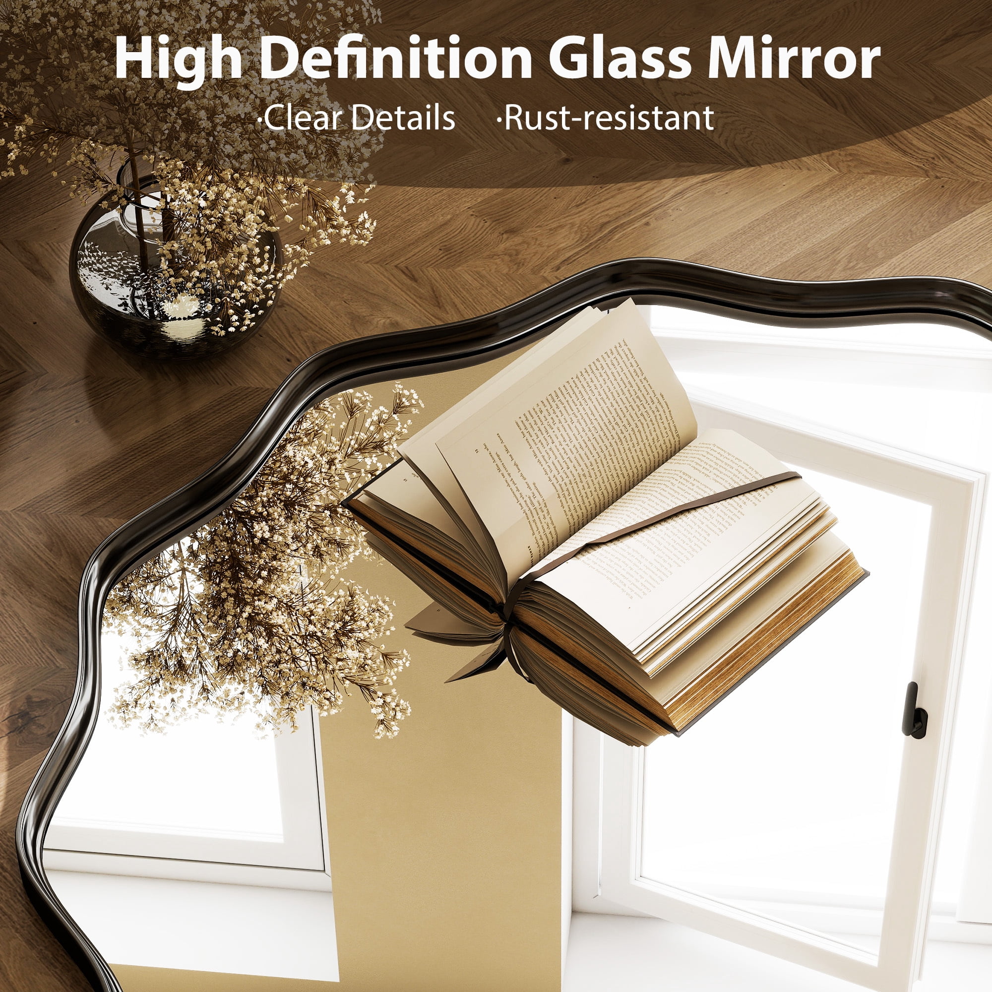 Easy4Home 24.2" Wavy Round Bathroom Mirror Wall Mounted Decorative Mirror With Deep Frame, Black