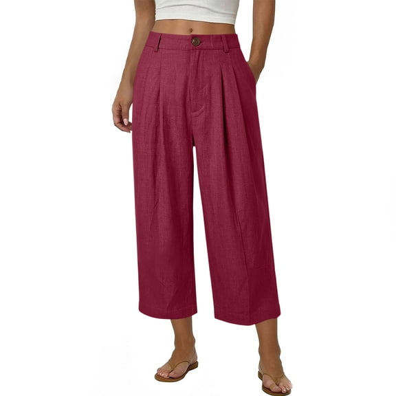Women's High Waisted Wide Leg Cropped Pants Pleated Front Casual Linen Capris Trousers with Pockets