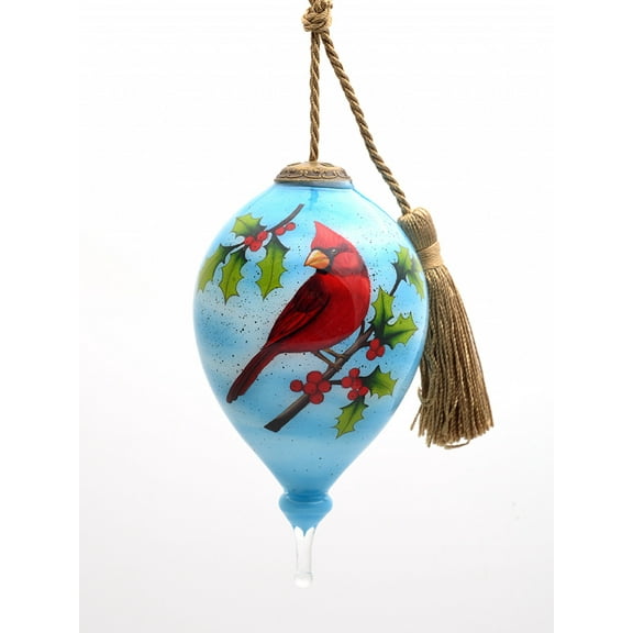 Red Cardinal on Christmas Holly Branches Hand Painted Mouth Blown Glass Ornament