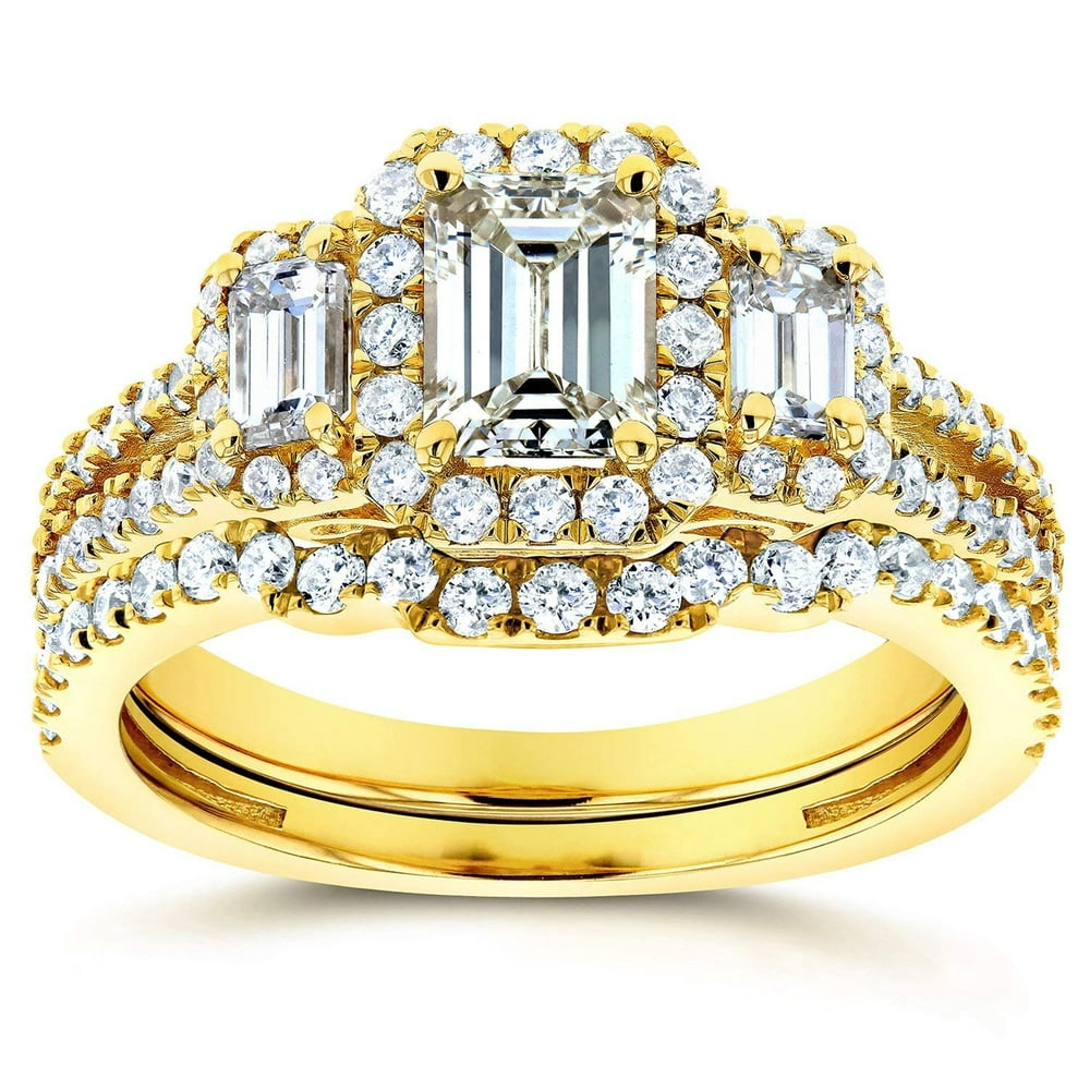 Kobelli Emerald Cut Diamond 3Stone Halo Wedding Set 1 1