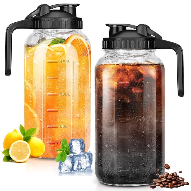Jarra de Vidrio con Tapa, 2 pcs Jarra de cristal Mason Jar, 64 oz Hervidor de Boca Ancha Hermético a Prueba de Fugas, para Agua, Zumo, Leche, Té, Café Helado y Bebidas