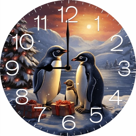 Eveokoki Christmas Tree And Penguins Wall Clock Large Silent Non-Ticking Battery Operated Modern Clocks for Living Room Decor/Bedroom/Office (12x12 in)