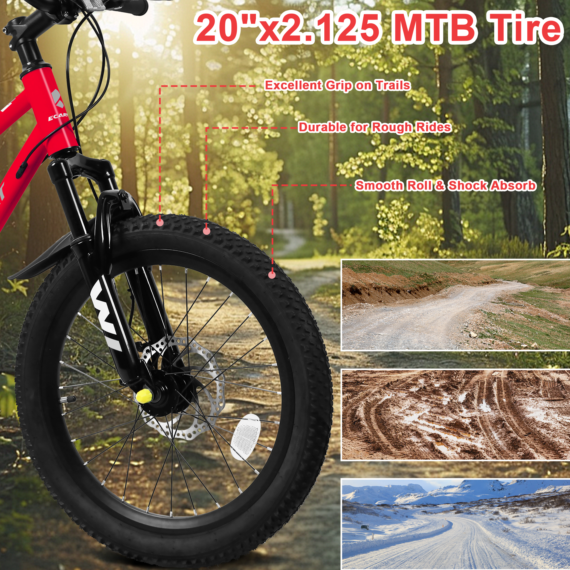 Aukfa 20" Mountain Bike for Boys Girls, 7-Speed Kids Bike with Front Disc Brake,Red