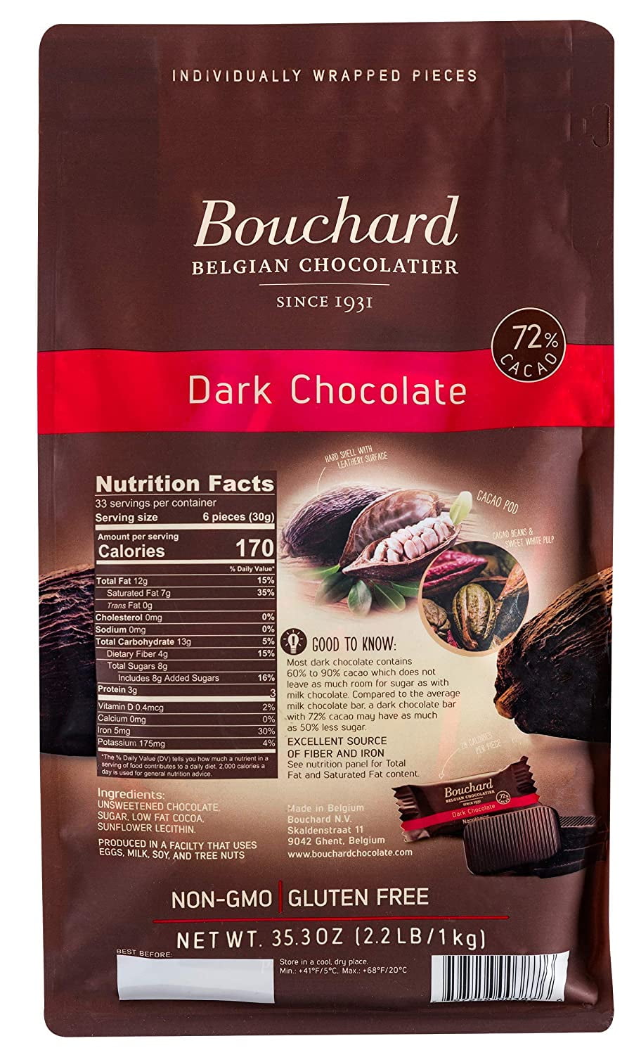Bouchard Belgian Dark Chocolate 72% Cacao, Individually Wrapped Napolitains, 35.3 OZ Bag