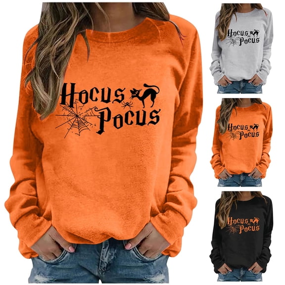 WEIWEN Halloween Sweatshirt for Women Hocus Pocus Shirts 2026 Trendy Long Sleeve Black Cat Sweaters Halloween Pullover Tops Womens Fall Fashion Clothing Orange, S