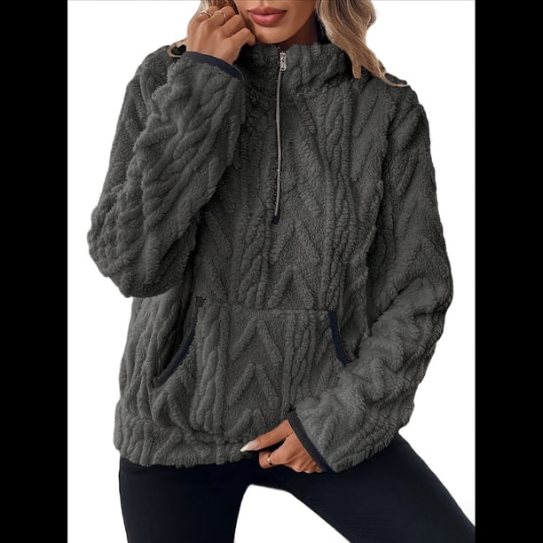 Suéter de Larga con Cremallera de un Cuarto para Mujer, Sudadera de Forro con Capucha, Sudaderas con Solapa, Suéteres Cálidos con Bolsillos. Gris Oscuro M