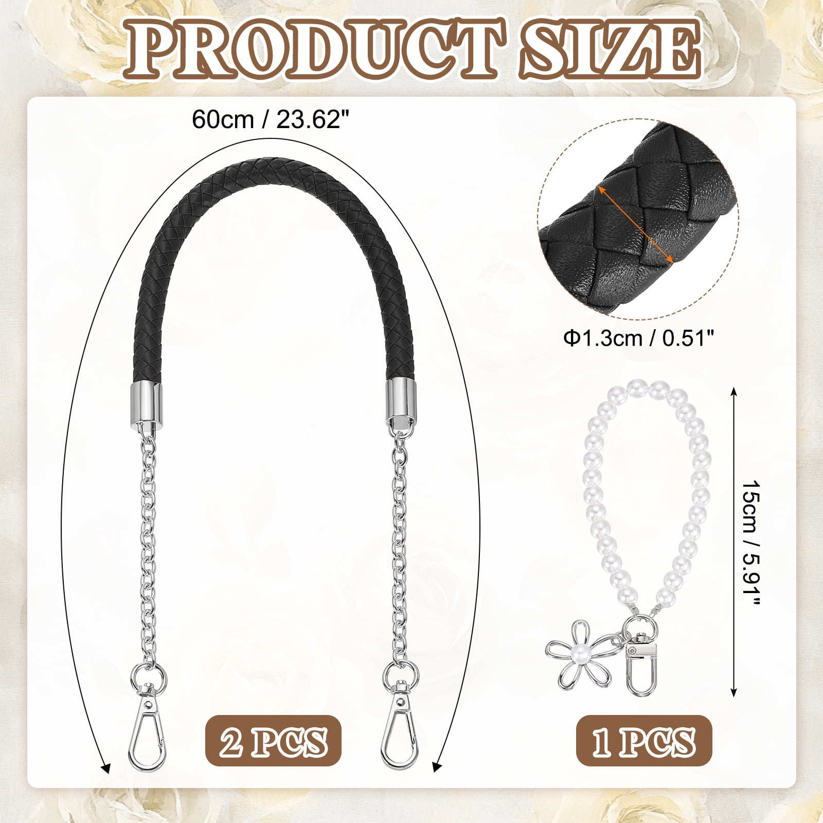 Uxcell 2 Pcs PU Leather Chain Purse Strap, 23.6 Inch Braided Purse Handles Replacement Strap with Pearl Pendant for Tote Bag Handbag Underarm Bag (Black, Silver Chain)