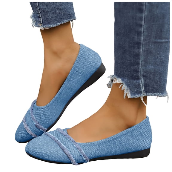Denim Ballet Flat Shoes for Women Trendy Fringe Round Toe Nonslip Comfy Soft Sole Walking Shoes Casual Dressy Wedding Shoes Sky Blue Size 7.5