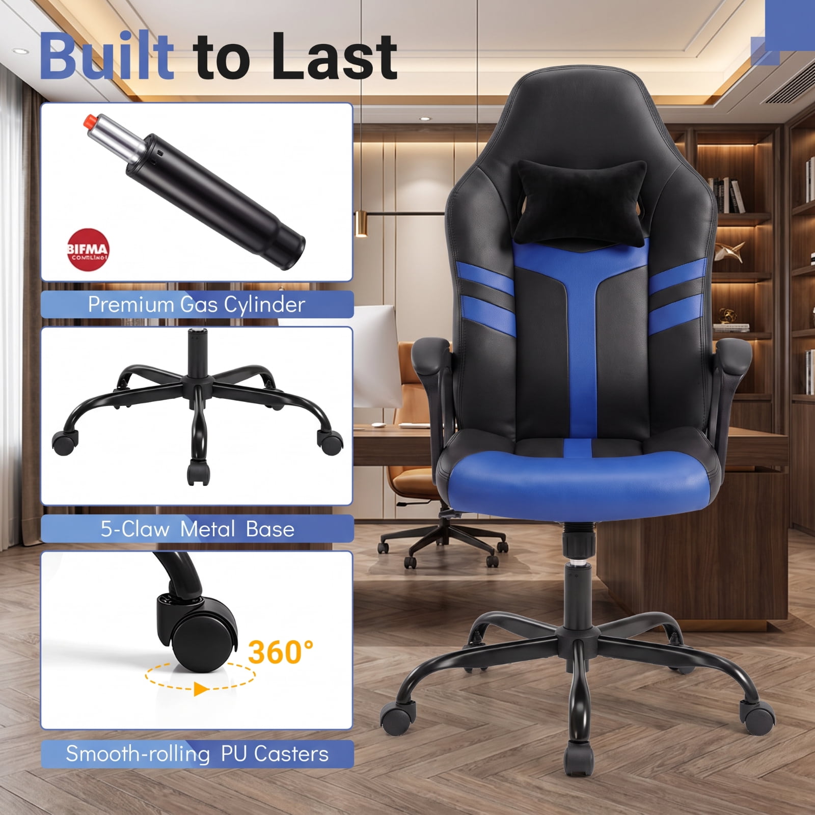Furnibear Faux Leather Office Chair with Removable Head Pillow, Ergonomic High Back Rocking Desk Chair with Padded Armrest and Casters, Blue