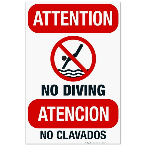 Attention No Diving Sign, Bilingual Spanish English, 24x36 Corrugated Plastic