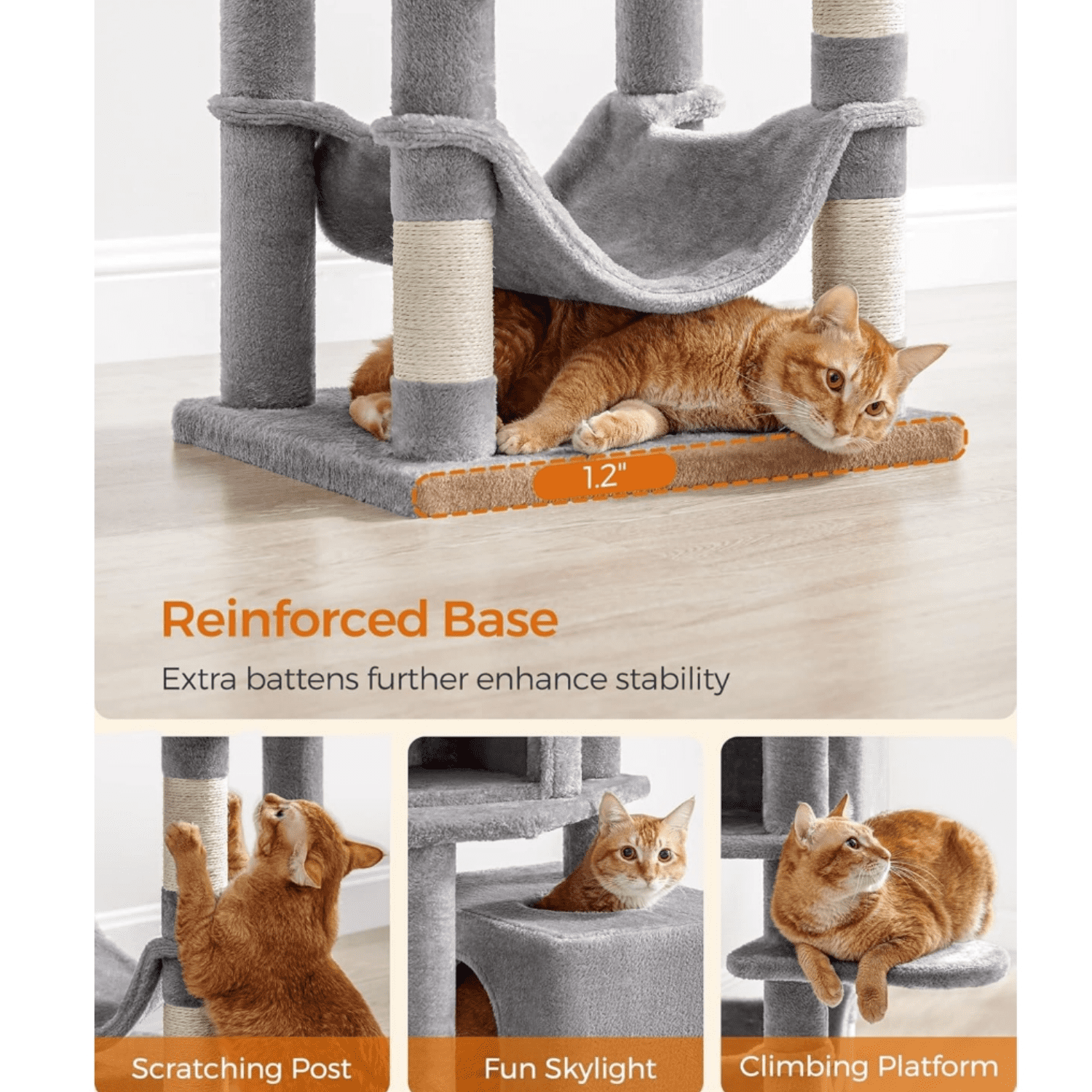 Cat Tree, 59.5-Inch Tall Cat Tower, Plush Multi-Level Condo with 5 Scratching Posts, 2 Perches, 2 Caves, Hammock, 2 Pompoms, Light Gray