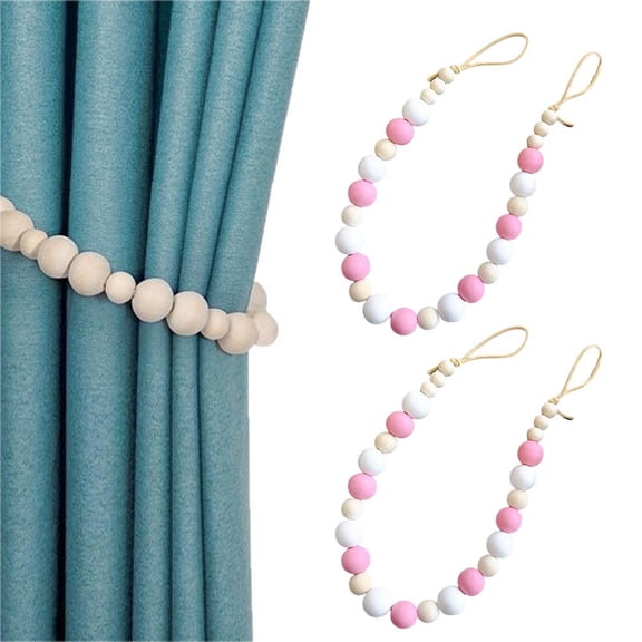 Curtain Tiebacks Set Natural-Wood Bead Ties Brass Hooks Included Bedroom Decor with 2 Holdbacks