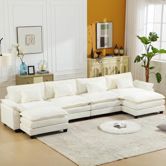 IPKIG Sectional Sofa Comfy Cloud Couch for Living Room with Pillows, Modern Chenille Sofa Sleeper Deep Couches with Ottoman (Cream White, 6-Seat)