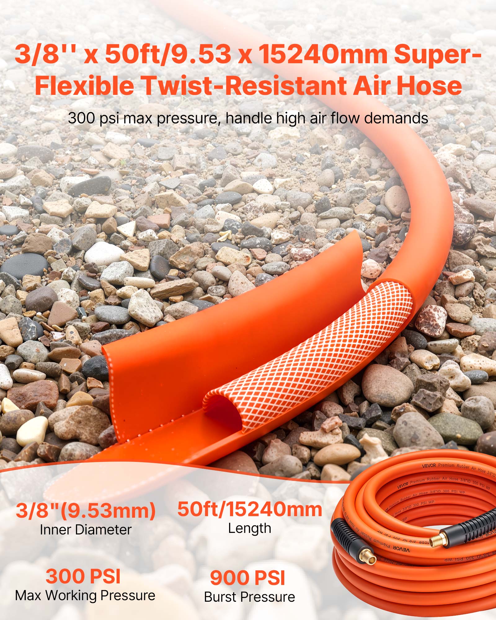 VEVOR Air Hose, 3/8'' x 50ft Hybrid Air Hose, Lightweight, Kink Resistant, Pneumatic Hoses with 1/4 inch Solid Brass Male Fitting, Three-Layer Hybrid Material, 300 PSI, All-Weather Flexibility,Orange
